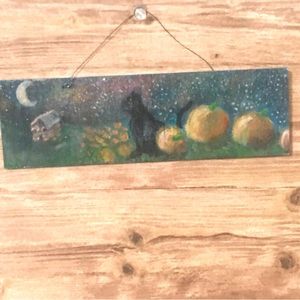 Black cat fall sign hand painted wall hanging fall Halloween decor ooak